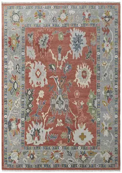 12' X 15' Red Gray And Ivory Floral Hand Knotted Area Rug With Fringe