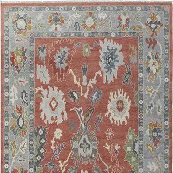 12' X 15' Red Gray And Ivory Floral Hand Knotted Area Rug With Fringe
