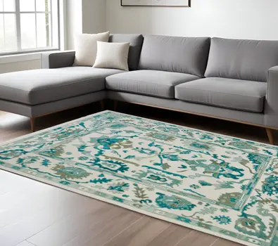 12' X 15' Green And Ivory Floral Hand Knotted Area Rug With Fringe