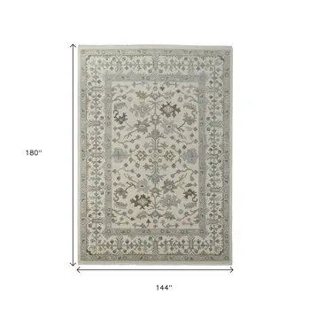 12' X 15' Ivory Gray And Brown Floral Hand Knotted Area Rug With Fringe