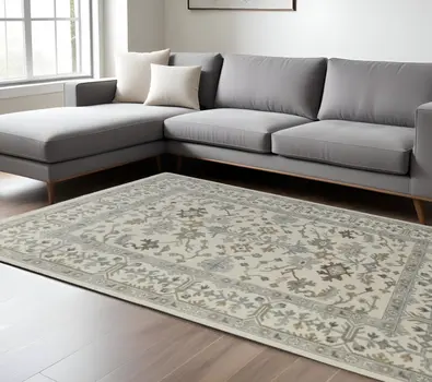12' X 15' Ivory Gray And Brown Floral Hand Knotted Area Rug With Fringe