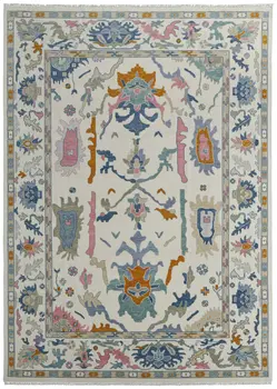 12' X 15' Ivory Blue And Pink Floral Hand Knotted Area Rug With Fringe