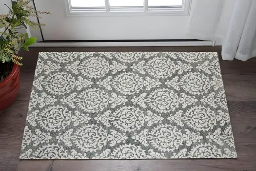 2' X 3' Gray Ivory And Black Floral Hand Tufted Area Rug