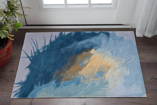 2' X 3' Blue Gold And Gray Abstract Hand Tufted Area Rug