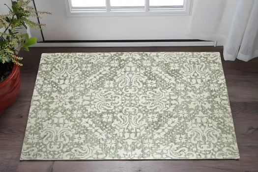 2' X 3' Ivory And Green Floral Hand Tufted Area Rug