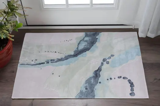 2' X 3' Green Blue And Ivory Abstract Hand Tufted Area Rug