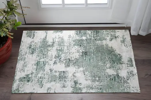 2' X 3' Green And White Abstract Hand Tufted Area Rug