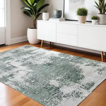 4' X 6' Green And White Abstract Hand Tufted Area Rug