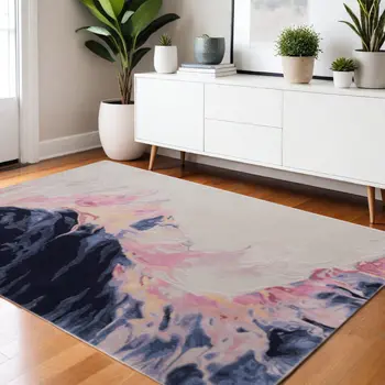 4' X 6' Pink Blue And Ivory Abstract Hand Tufted Area Rug