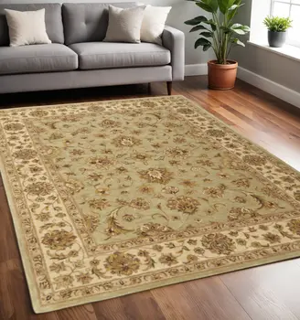 5' X 8' Tan Brown And Green Oriental Hand Tufted Area Rug
