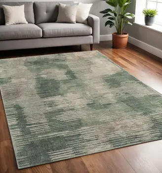 5' X 8' Green Ivory And Brown Abstract Distressed Area Rug
