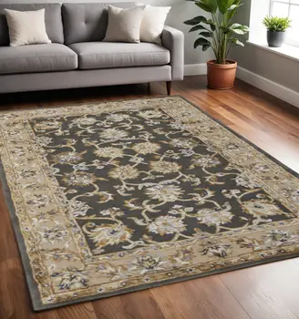 5' X 8' Taupe Tan And Ivory Floral Hand Tufted Area Rug