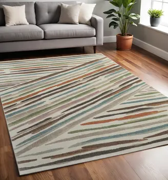 5' X 8' Ivory Brown And Blue Abstract Area Rug