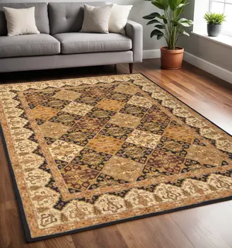 5' X 8' Gold Tan And Black Geometric Hand Tufted Area Rug