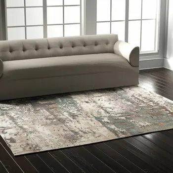 5' X 8' Ivory Blue And Purple Abstract Distressed Area Rug