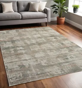5' X 8' Ivory Gray And Green Abstract Distressed Area Rug