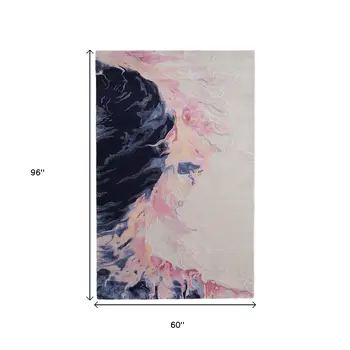 5' X 8' Pink Blue And Ivory Abstract Hand Tufted Area Rug