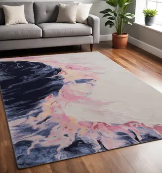 5' X 8' Pink Blue And Ivory Abstract Hand Tufted Area Rug