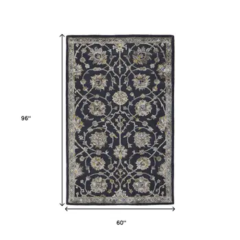 5' X 8' Blue Silver And Gray Floral Hand Tufted Area Rug