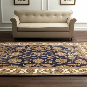5' X 8' Blue Tan And Gold Oriental Hand Tufted Area Rug