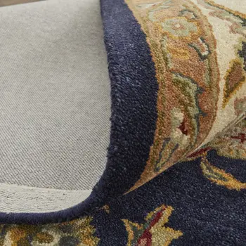5' X 8' Blue Tan And Gold Oriental Hand Tufted Area Rug