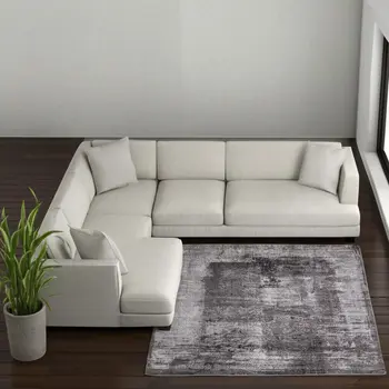 7' X 10' Gray Black And Taupe Abstract Distressed Area Rug