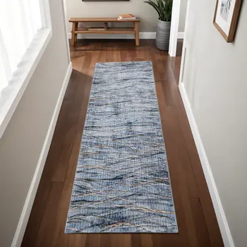 8' Blue Ivory And Tan Abstract Runner Rug