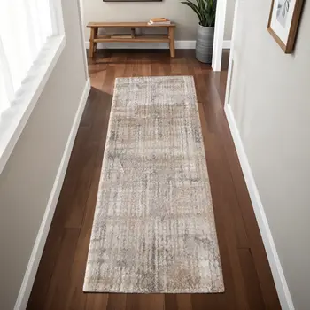 8' Brown Tan And Ivory Abstract Distressed Runner Rug
