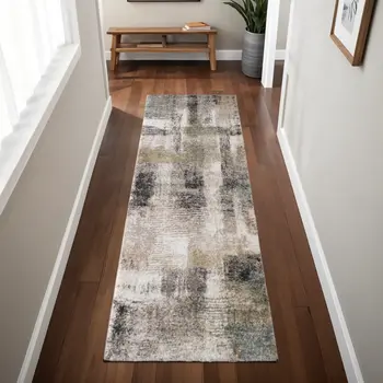8' Gray Taupe And Ivory Abstract Distressed Runner Rug