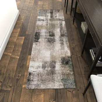 8' Gray Taupe And Ivory Abstract Distressed Runner Rug