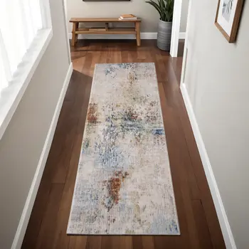 8' Ivory Blue And Red Abstract Runner Rug