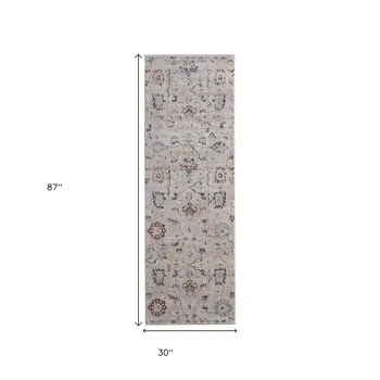 8' Ivory Blue And Gold Floral Distressed Runner Rug With Fringe