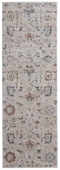 8' Ivory Blue And Gold Floral Distressed Runner Rug With Fringe