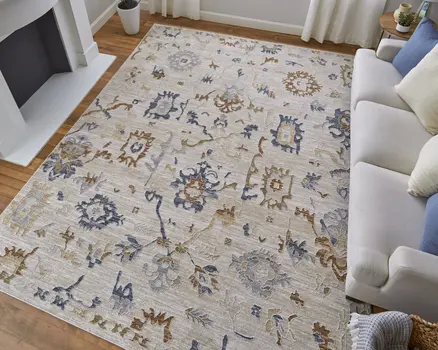 8' Ivory Blue And Gold Floral Distressed Runner Rug With Fringe