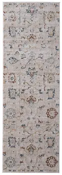 8' Ivory Blue And Gold Floral Distressed Runner Rug With Fringe