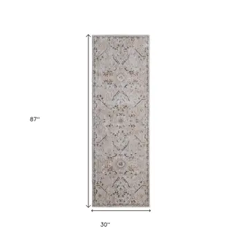 8' Taupe Ivory And Blue Abstract Distressed Runner Rug With Fringe