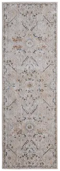 8' Taupe Ivory And Blue Abstract Distressed Runner Rug With Fringe