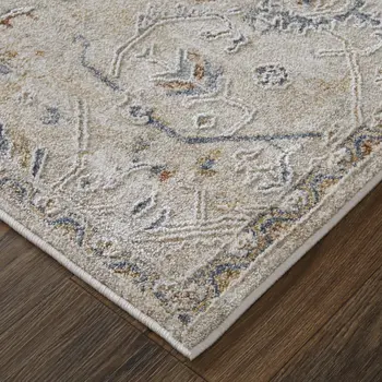 8' Taupe Ivory And Blue Abstract Distressed Runner Rug With Fringe