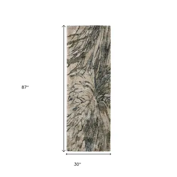 8' Gray Green And Ivory Abstract Runner Rug
