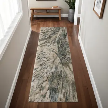 8' Gray Green And Ivory Abstract Runner Rug
