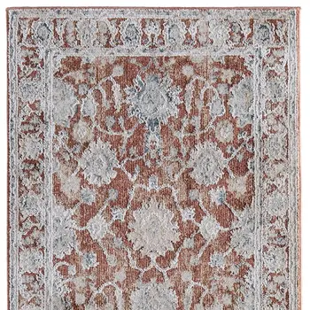 8' Red Ivory And Blue Floral Distressed Runner Rug With Fringe