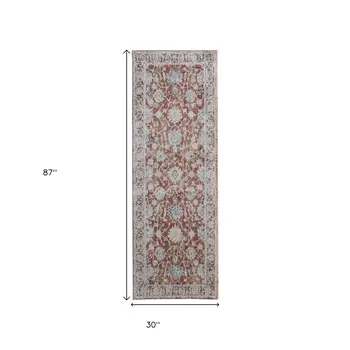 8' Red Ivory And Blue Floral Distressed Runner Rug With Fringe