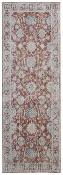 8' Red Ivory And Blue Floral Distressed Runner Rug With Fringe