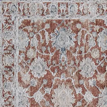 8' Red Ivory And Blue Floral Distressed Runner Rug With Fringe