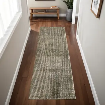 8' Green And Tan Abstract Runner Rug