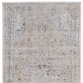8' Ivory Taupe And Blue Oriental Distressed Runner Rug With Fringe