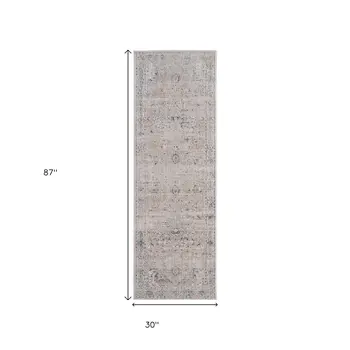 8' Ivory Taupe And Blue Oriental Distressed Runner Rug With Fringe