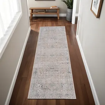 8' Ivory Taupe And Blue Oriental Distressed Runner Rug With Fringe