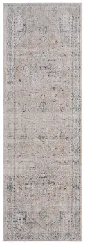 8' Ivory Taupe And Blue Oriental Distressed Runner Rug With Fringe