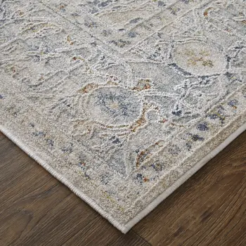 8' Ivory Taupe And Blue Oriental Distressed Runner Rug With Fringe
